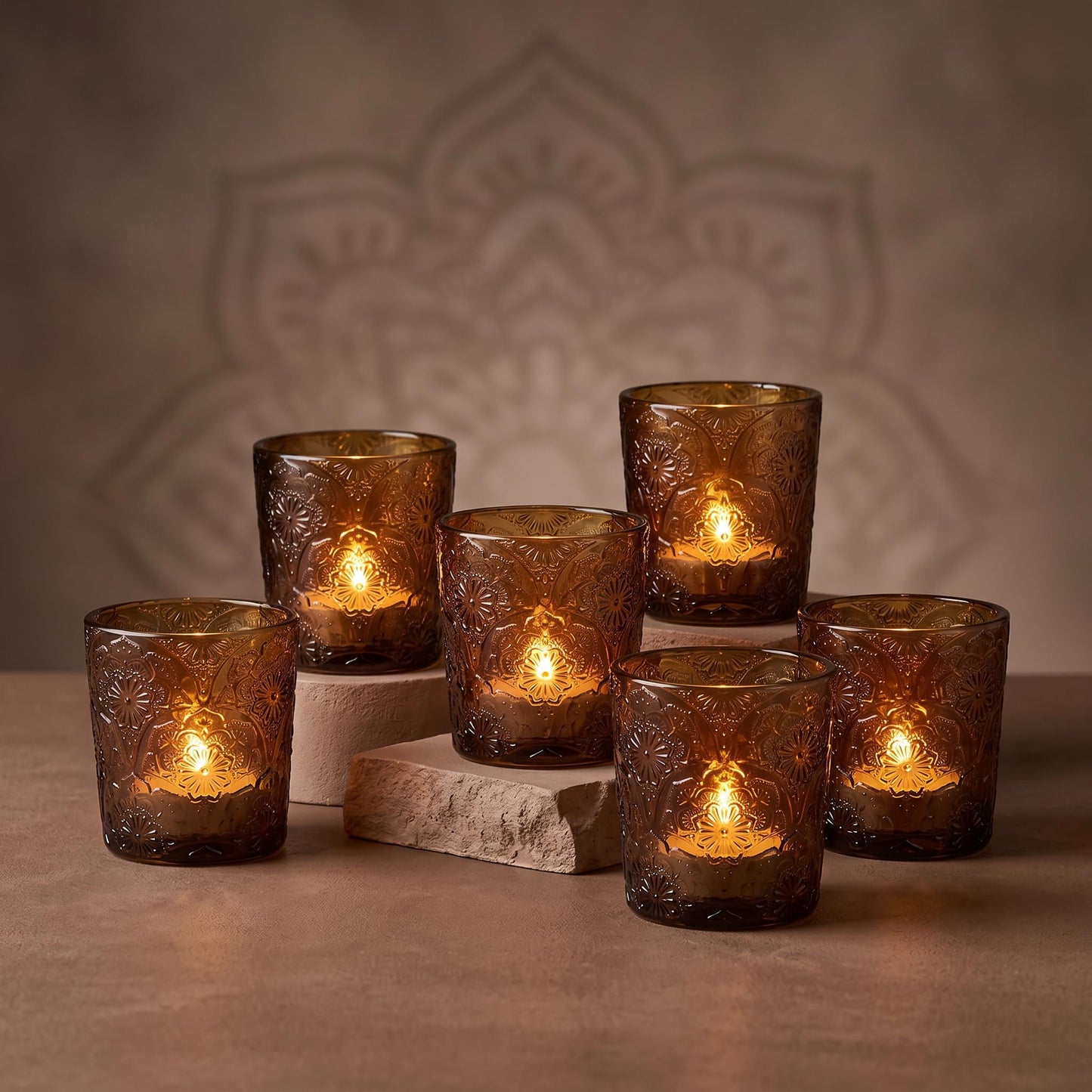 6 Pack Mandala Embossed Glass Candle Holders – Votive Tealight Holders with Patent Design, Decorative Embossed Glass Cups for Wedding Centerpieces, Parties, and Home Décor (Chestnut Brown)