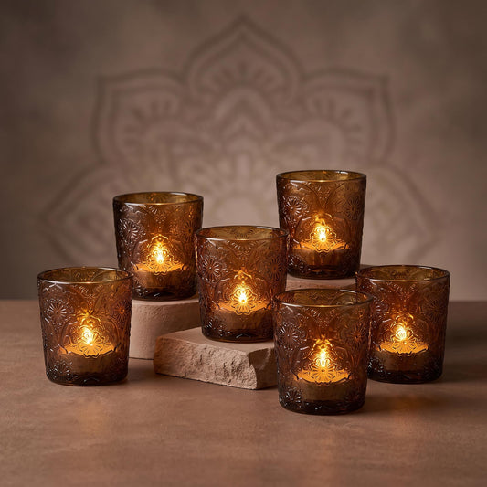 6 Pack Mandala Embossed Glass Candle Holders – Votive Tealight Holders with Patent Design, Decorative Embossed Glass Cups for Wedding Centerpieces, Parties, and Home Décor (Chestnut Brown)