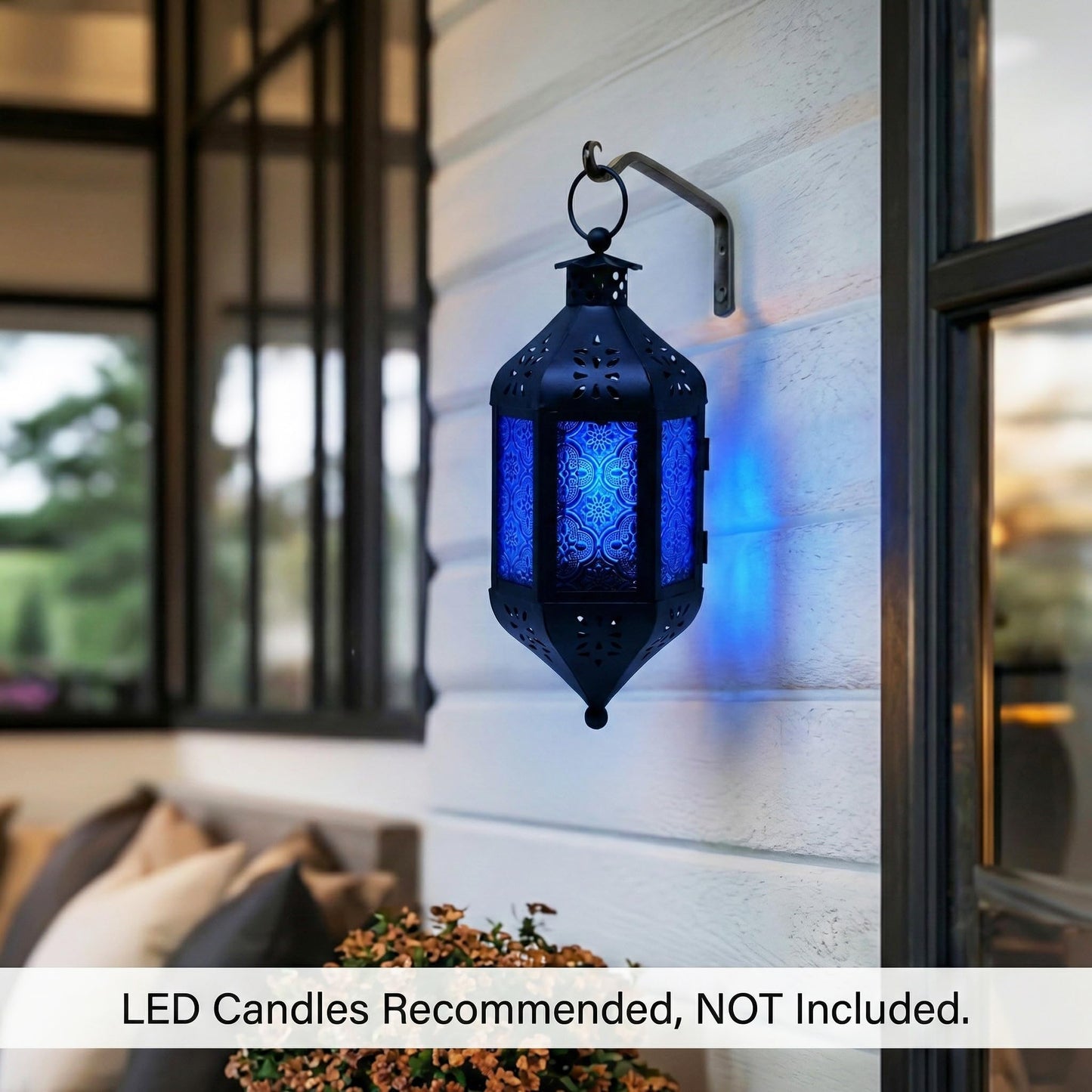 Vela Lanterns Hanging Moroccan Lamp - Exotic Decorative Patio & Porch Decor, Indoor Outdoor Tea Light Candle Lantern Holder with Chain (11" Medium, Cobalt Blue Glass)