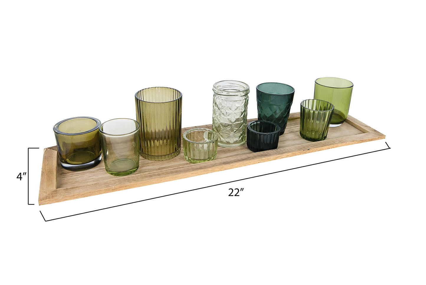 Creative Co-Op Wood Tray with 9 Green Glass Votive Holders