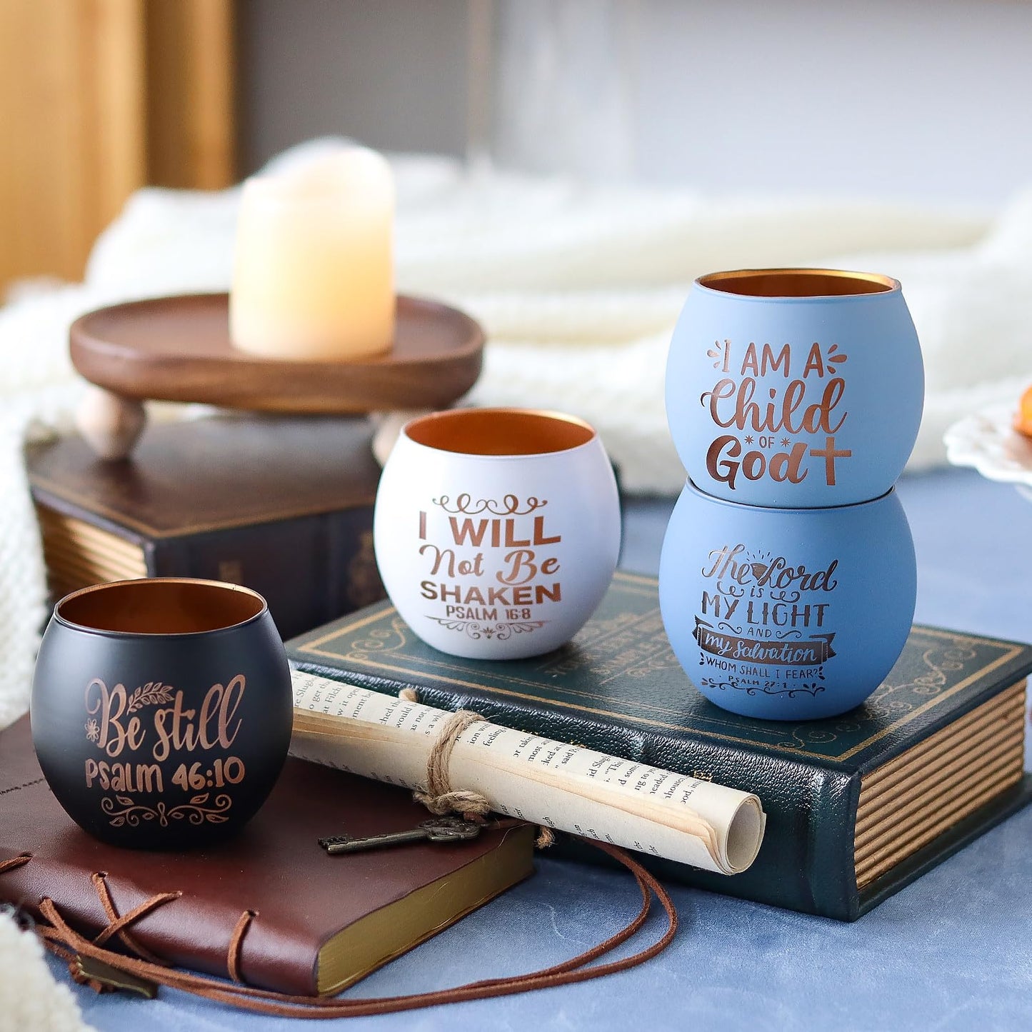 Christian Gifts for Men, Glass Candle Holders Set, Blue Tealight Votive Holders with Bible Verses, Religious Birthday Gifts for Dad, Brother, Son, Him, Coworker, Unique Spiritual Gifts for Men