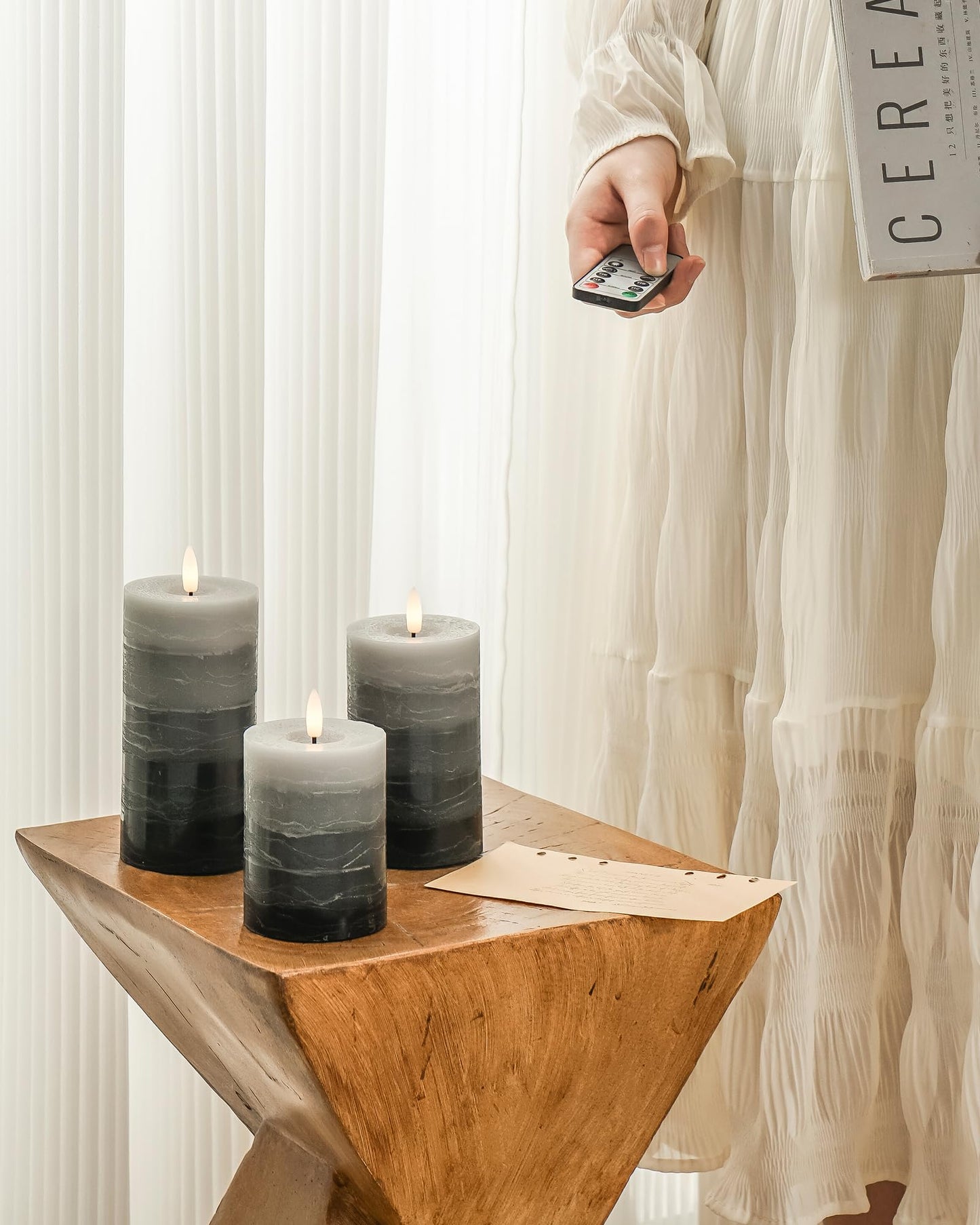 Stmarry Distressed Gradient Gray Flameless Candles with Remote and Timer, Real Wax Made LED Pillar Candles Battery Operated with 3D Flickering Flame - 3" x 4",5",6" - Set of 3