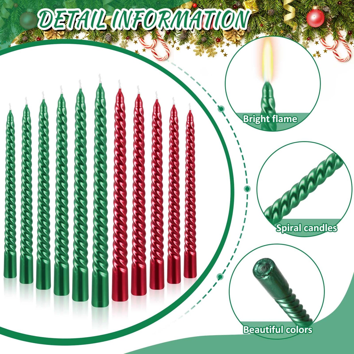 MTLEE 12 Pcs 10 Inch Christmas Spiral Taper Candles Red Green Dripless Twisted Wax Candles, Long Tapered Candles Unscented Candle Sticks for Xmas Home Party Dinner Dining Table Wedding Supplies