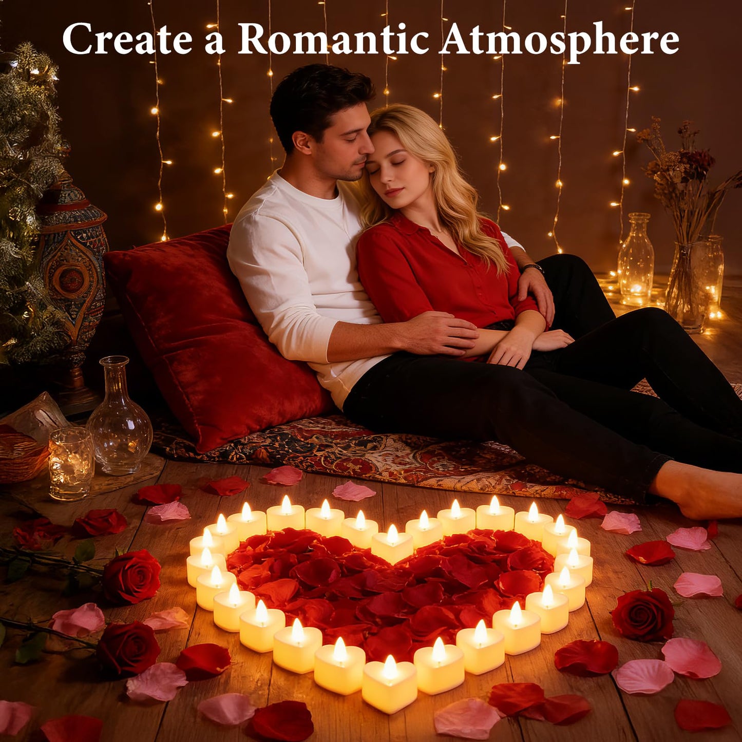 Chanceboleng 8000Pcs Rose Petals with 72Pcs Flameless LED Tea Lights Candles Valentine's Day Romantic Decorations Special Night Set for Night Wedding Anniversary or Table Décor, Warm Yellow