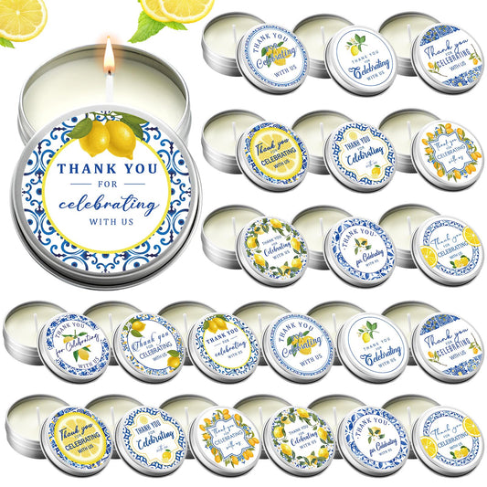 Treela 24 Pcs Capri Lemon Candles Favors Italian Lemon Scented Candle Tins with Lids Amalfi Coast Gifts for Mediterranean Wedding Bridal Baby Shower Party Favors Decorations