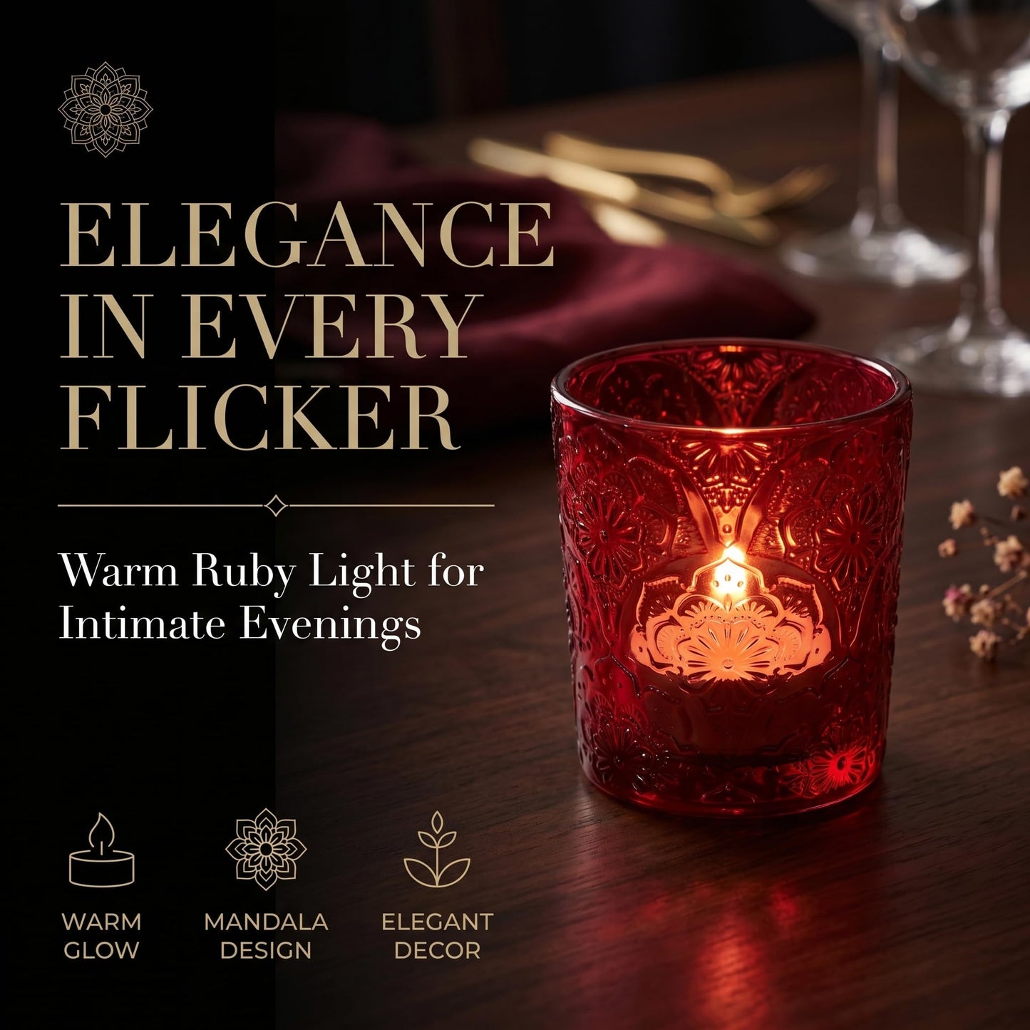 12 Pack Mandala Embossed Glass Candle Holders – Votive Tealight Holders with Patent Design, Decorative Embossed Glass Cups for Wedding Centerpieces, Parties, and Home Décor (Crimson Glow)