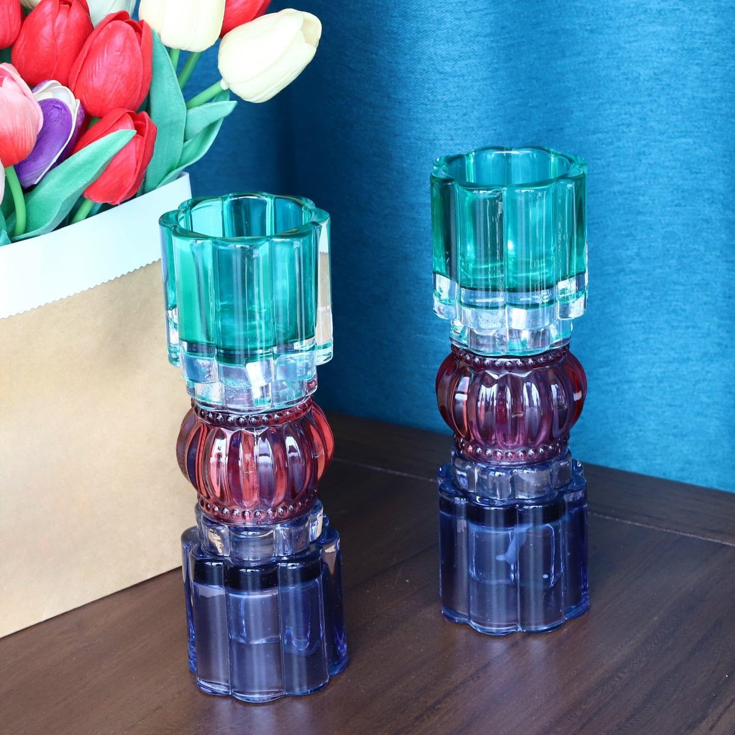 VOHO Tealight Candle Holder Jazzy Glass Mix, Modern Tall Votive Candle Holders for Home Decor, Pair of Fluted Tea Lights Candle Holder Centerpiece Table Decorations(7.87x2.75 in W/H, Shades of Blue)