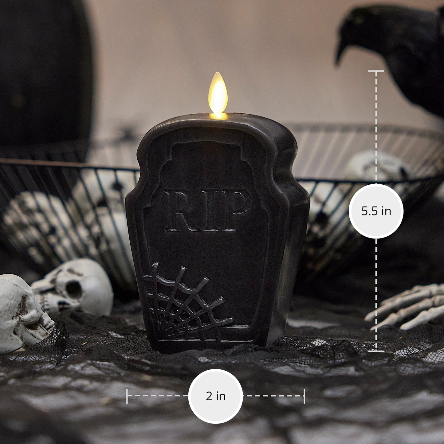 Luminara Black Flameless Candle RIP Tombstone Figural (2" x 5.5") Moving Flame Battery Operated LED Candle Lights Halloween Decoration