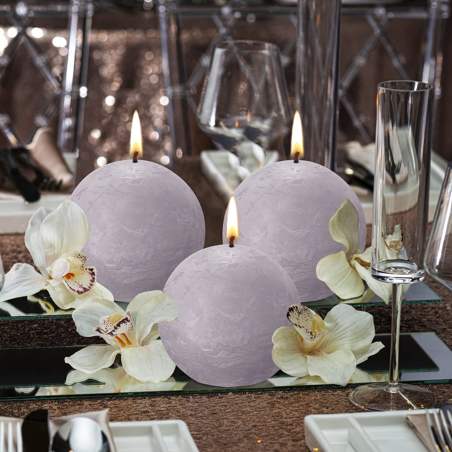 BOLSIUS 3 Pack Frosted Lavender Rustic Ball Pillar Candles - 3 Inch - Premium European Quality - Includes Natural Plant-Based Wax - Unscented Dripless Smokeless 25 Hour Party Décor Candles