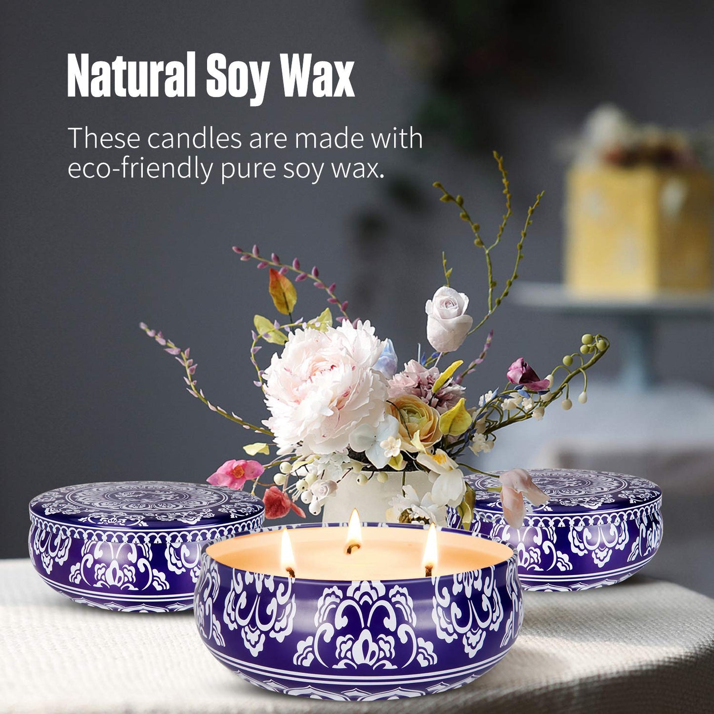 Hausware Citronella Candles Outdoor & Indoor - Large 13.5 oz Scented Candles Set 3 Pack Natural Soy Wax citronella Candles for Garden Patio Yard Home Balcony Camping Backyard (Dark Blue)