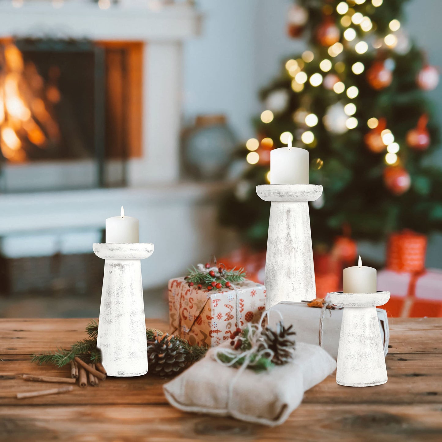 Hand Crafted Wooden Pillar Candle Holder Set of 3, Ideal for LED and Pillar Candle, Gift for Wedding, Christmas, Party, Home, Spa, Reiki, Aromatherapy,Votive Candle Gardens, 10,8,6 Inch, Antique White