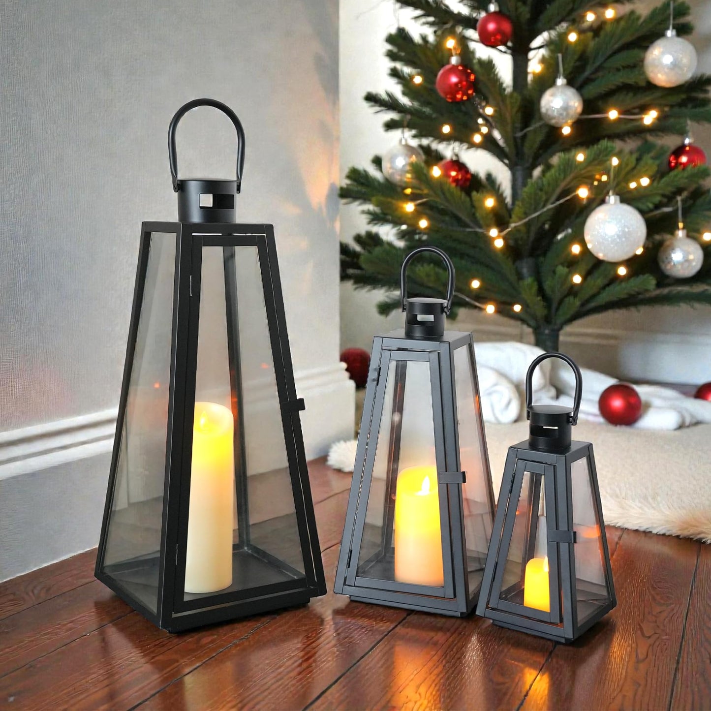 TRIROCKS Set of 3 Decorative Candle Lantern 11/16/21''H Metal Outdoor Candle Holder Hanging Lantern with Tempered Glass for Christmas Home Living Room Parties Event Indoors Outdoors (Black Triangle)