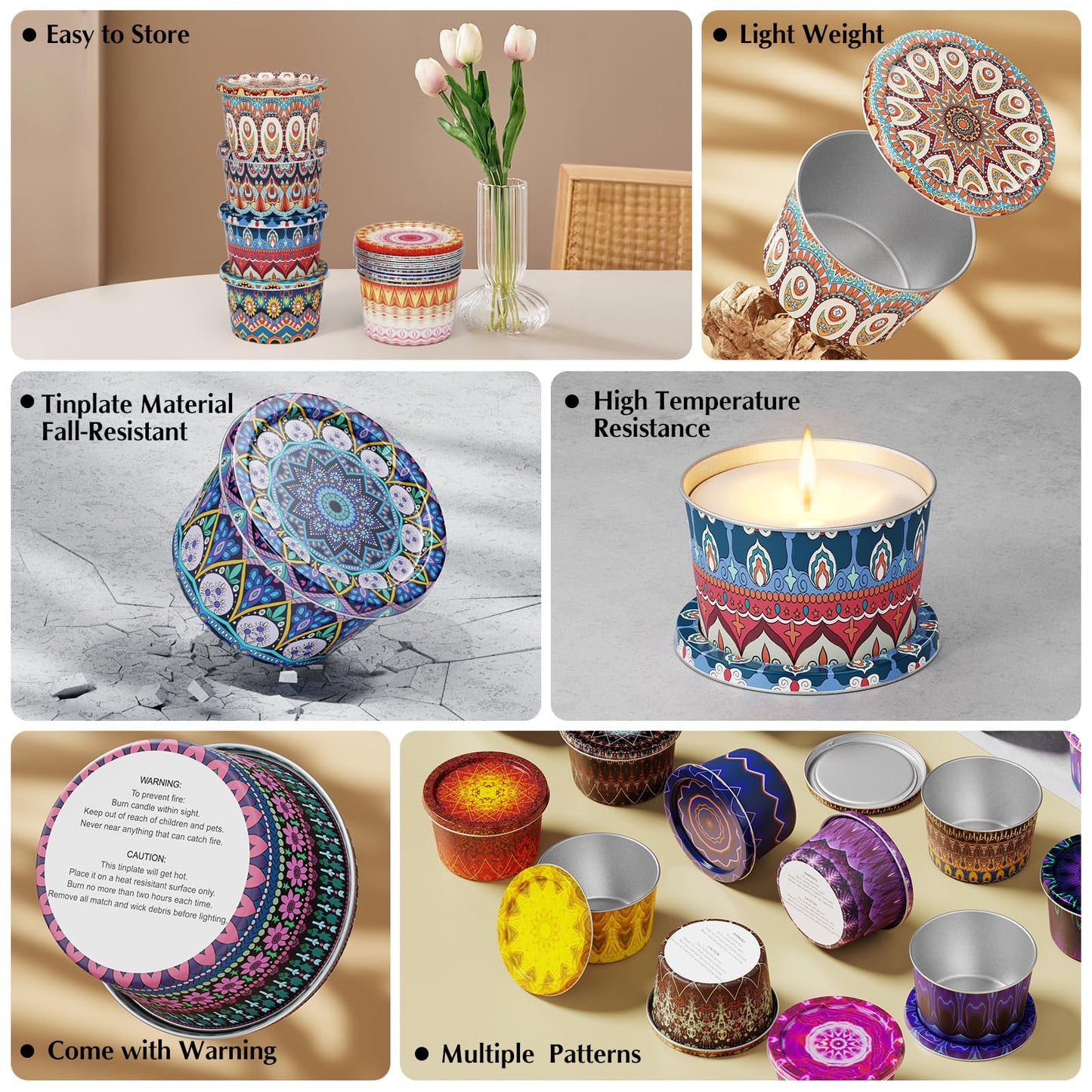 Happyhube Empty Candle Tins for Making Candles, 24 Pack 2.5 oz Metal Containers, Travel-Friendly Rust-Proof Tins with Lids, 24 Patterns Jars(Colourful)