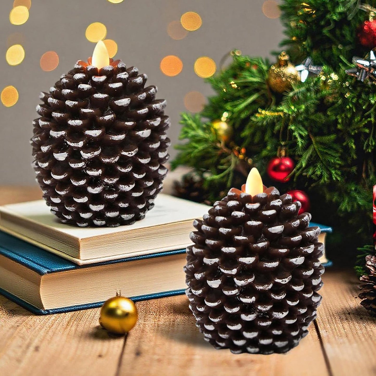 Wondise Flameless Candles with 6H Timer, Battery Operated Flickering Wick Real Wax Pine Cone Candles for Holiday Indoor Decoration, Set of 2, Brown(D3.5 x H4.7 Inch)