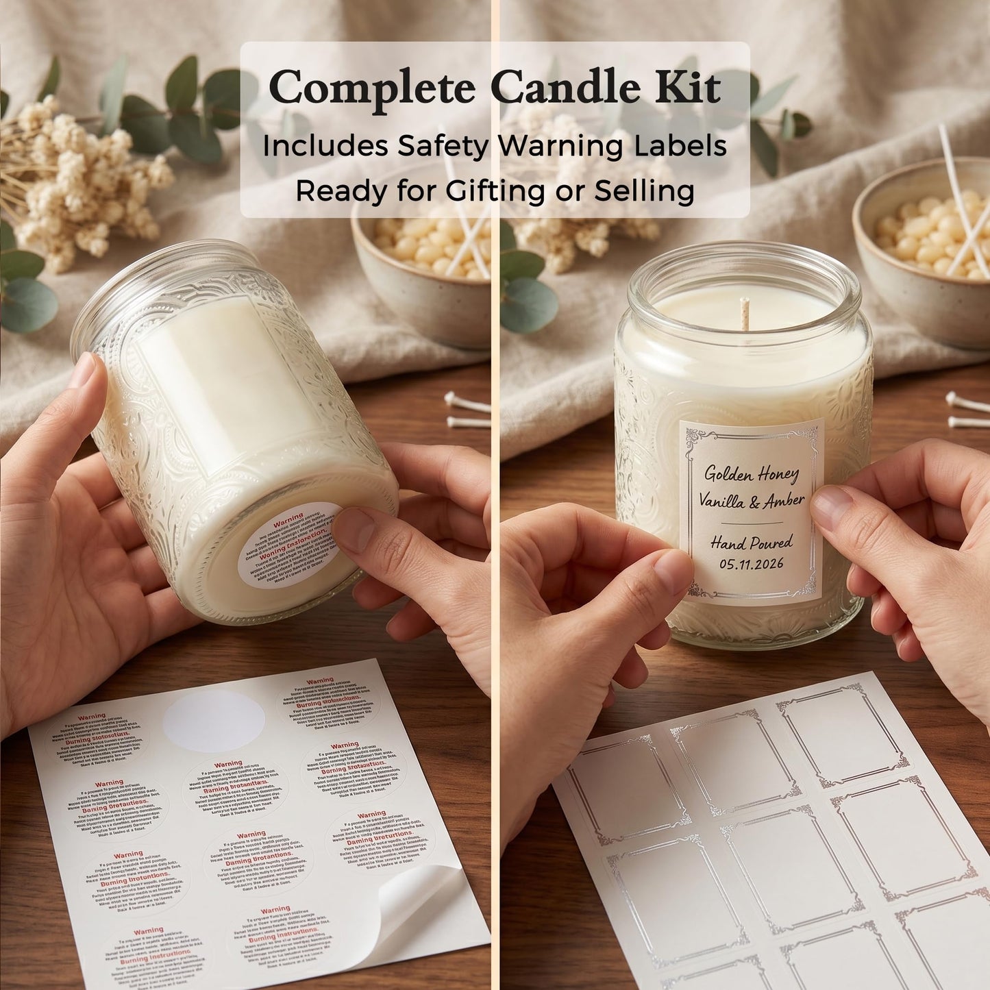 9-Pack 8oz Embossed Glass Candle Container with Bamboo Lids and Labels, Clear Candle Jars for Making Candles, Sun Moon Star Design