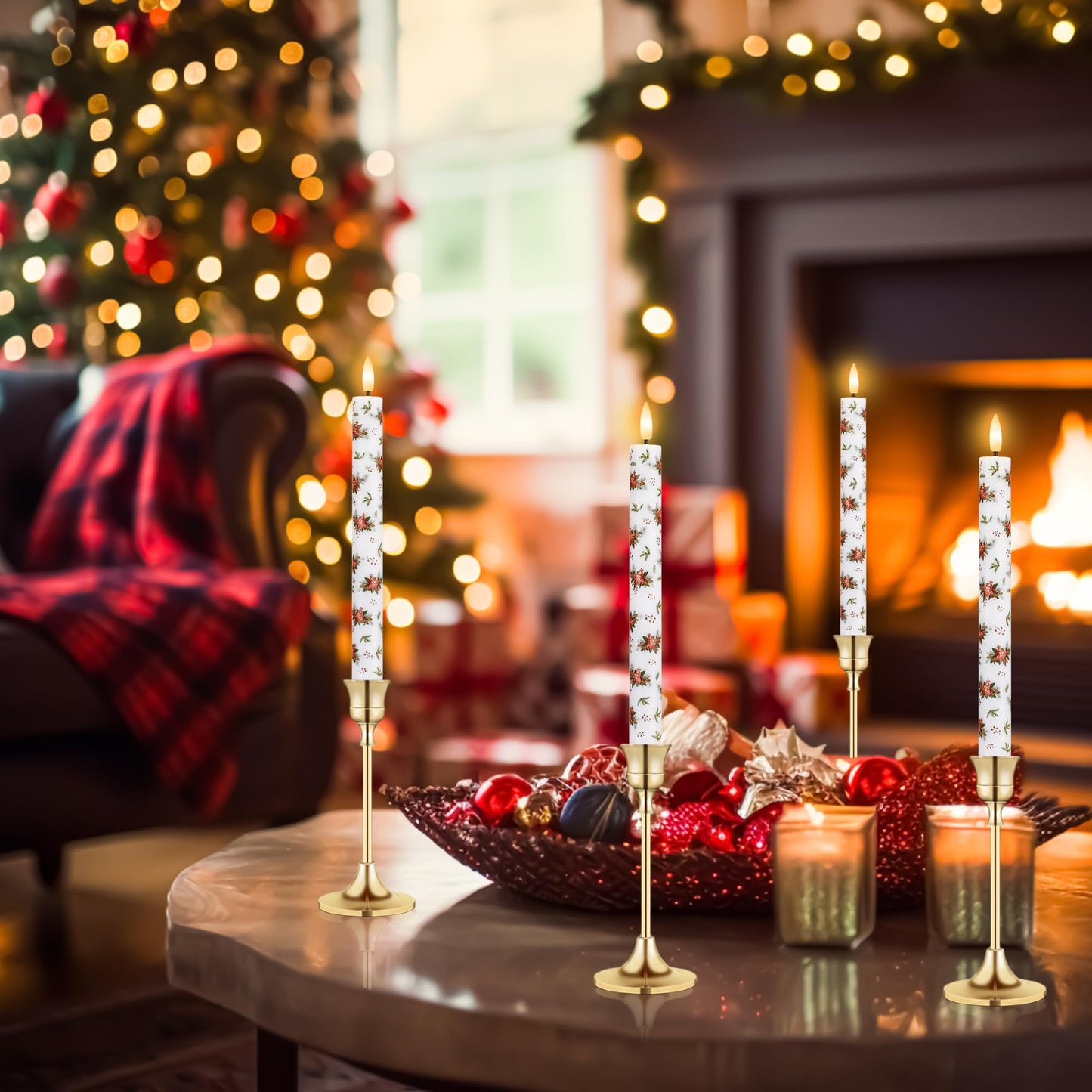 SEHNSY Christmas Flameless Taper Candles, 4 Pcs 9.64 Inch Poinsettia LED Candlesticks with 3D Flickering Flame, Battery Operated Candle with Remote for Xmas Home Décor Christmas Gifts