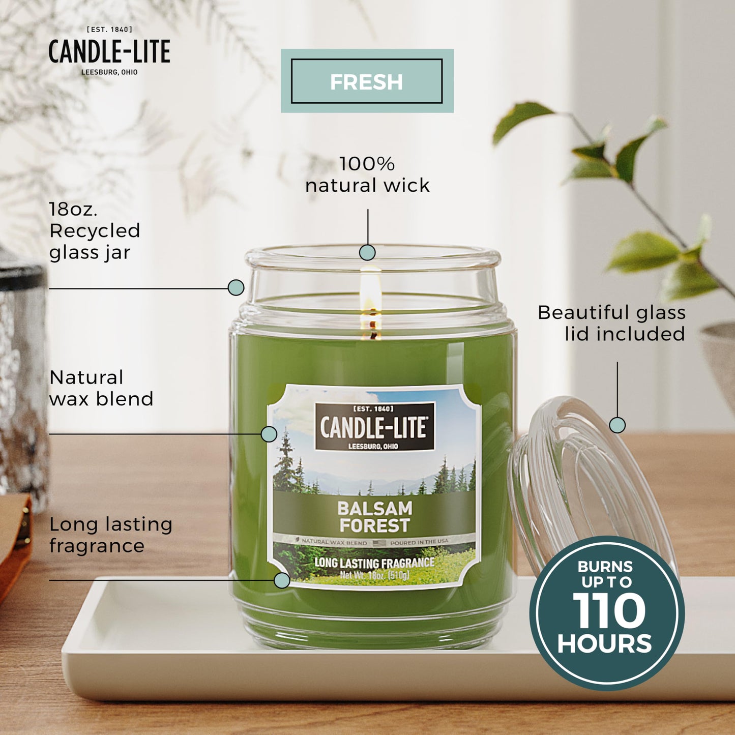 Candle-lite Fall Scented Candles, Balsam Forest Fragrance, 18 oz Jar, Proudly Poured in USA, Aromatherapy Candle, Single-Wick with 110 Hours of Burn Time, Perfect for Creating a Refreshing Ambiance