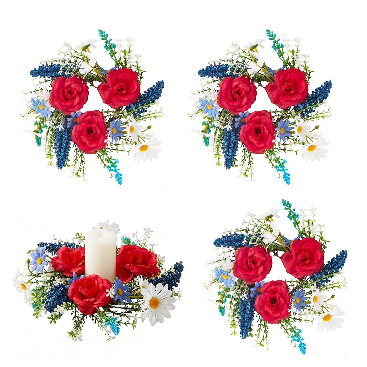 4th of July Candle Ring Wreath 4Pcs, 11.8 Inch Small Patriotic Wreath, Mini Artificial Rose Lavender Daisy Wreath, Tabletop/Candle Ring Decor for Home Front Door, Porch, Wall, Window, Cabinets