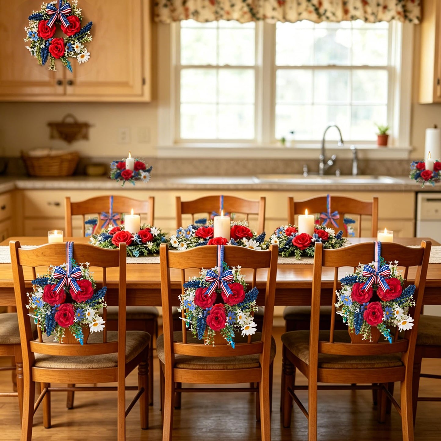 Mini 4th of July Wreath 6Pcs, 11.8 Inch Small Patriotic Wreath with Ribbon, Artificial Rose Lavender Daisy Wreath, Hanging/Tabletop/Candle Ring Decor for Home Front Door, Porch, Wall, Window, Cabinets