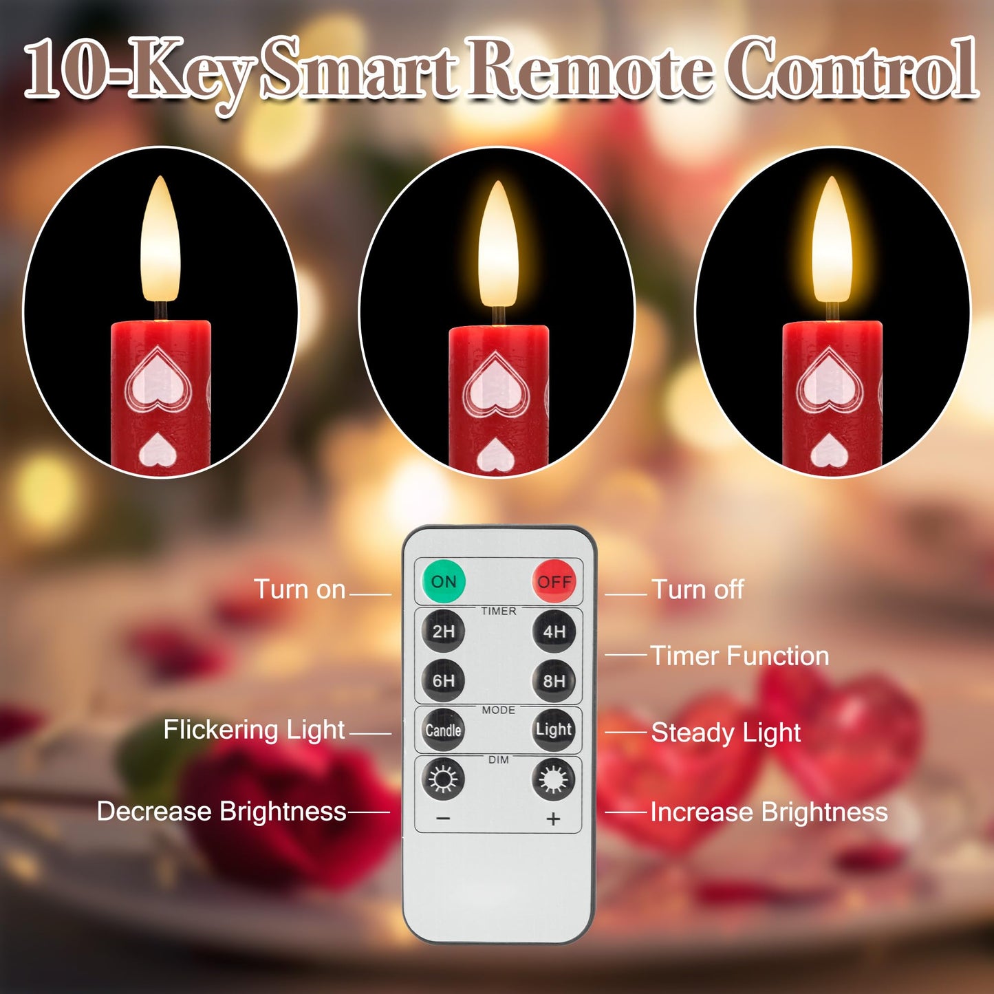 SEHNSY Valentines Day Candles Heart Flameless Taper Candles with Remote, Real Wax Battery Operated Candles,Romantic LED Candlesticks for Valentine Decor, Proposal Wedding & Dinner Table (4 Pack)