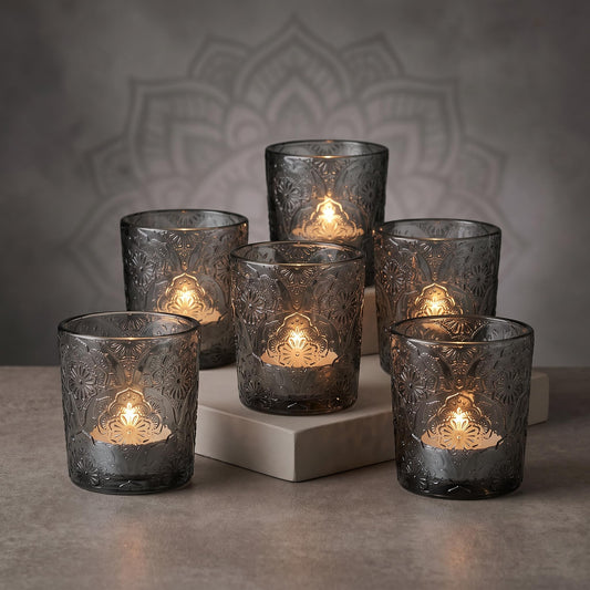 6 Pack Mandala Embossed Glass Candle Holders – Votive Tealight Holders with Patent Design, Decorative Embossed Glass Cups for Wedding Centerpieces, Parties, and Home Décor (Smoky Quartz)