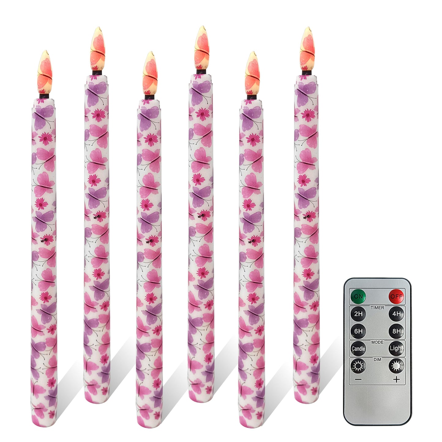 FCMSHAMD 6PCS Pink Butterfly Flameless Taper Candles, 11 Inch LED Candlesticks Battery Operated with 11-Key Remote and Timer, 3D Flickering Flame Lights for Wedding Party Home Decor Gifts