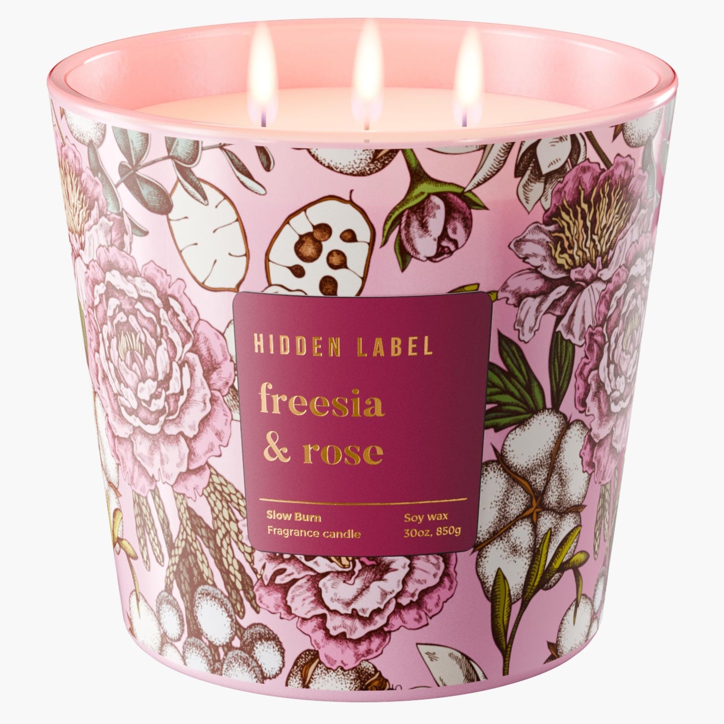 Freesia Rose Scented Candle, 30oz 3-Wick Natural Soy Wax, Up to 100 Hours Long-Lasting Clean Burn, Non Toxic Large Jar Aromatherapy Candle, Freesia Rose, Gifts for Women