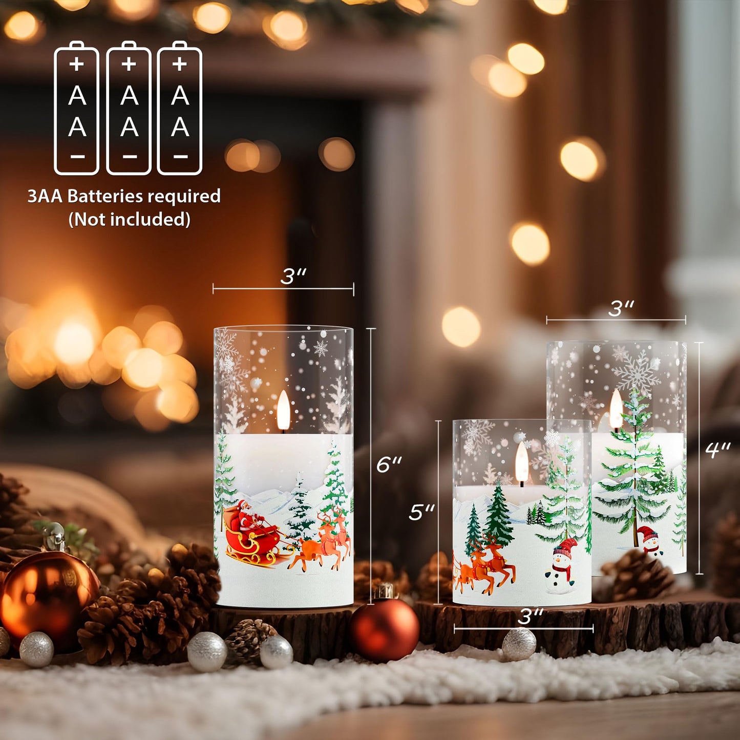 AFINETH Christmas Flameless Candles with Remote, Glass Santa Claus Battery Operated Candles, Real Wax Flickering LED Pliiar Candles for Xmas, Holiday, Home Decor, Set of 3