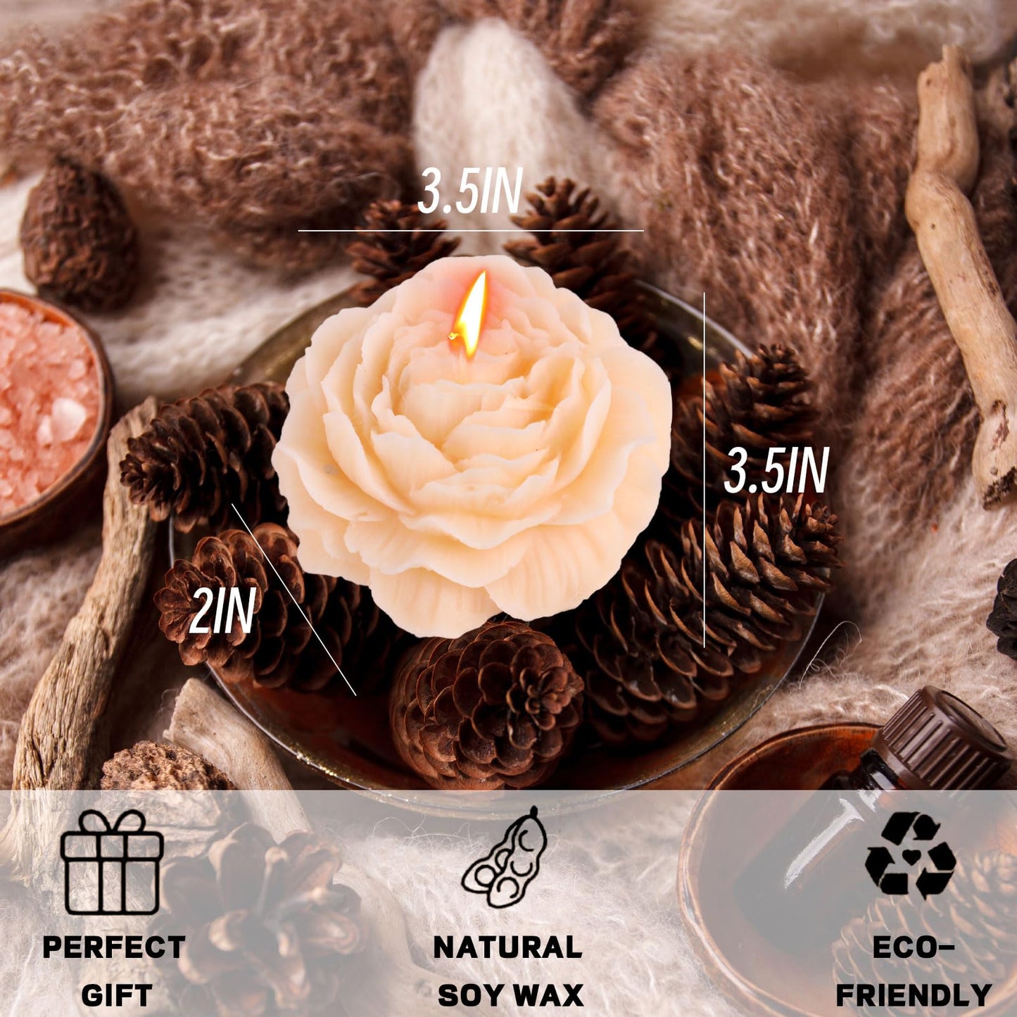 Peony Flower Shape Candles 1 Pack Soy Wax Decorative Candle for Bedroom Home Scented Candle Gift to Friends Family (Champagne)