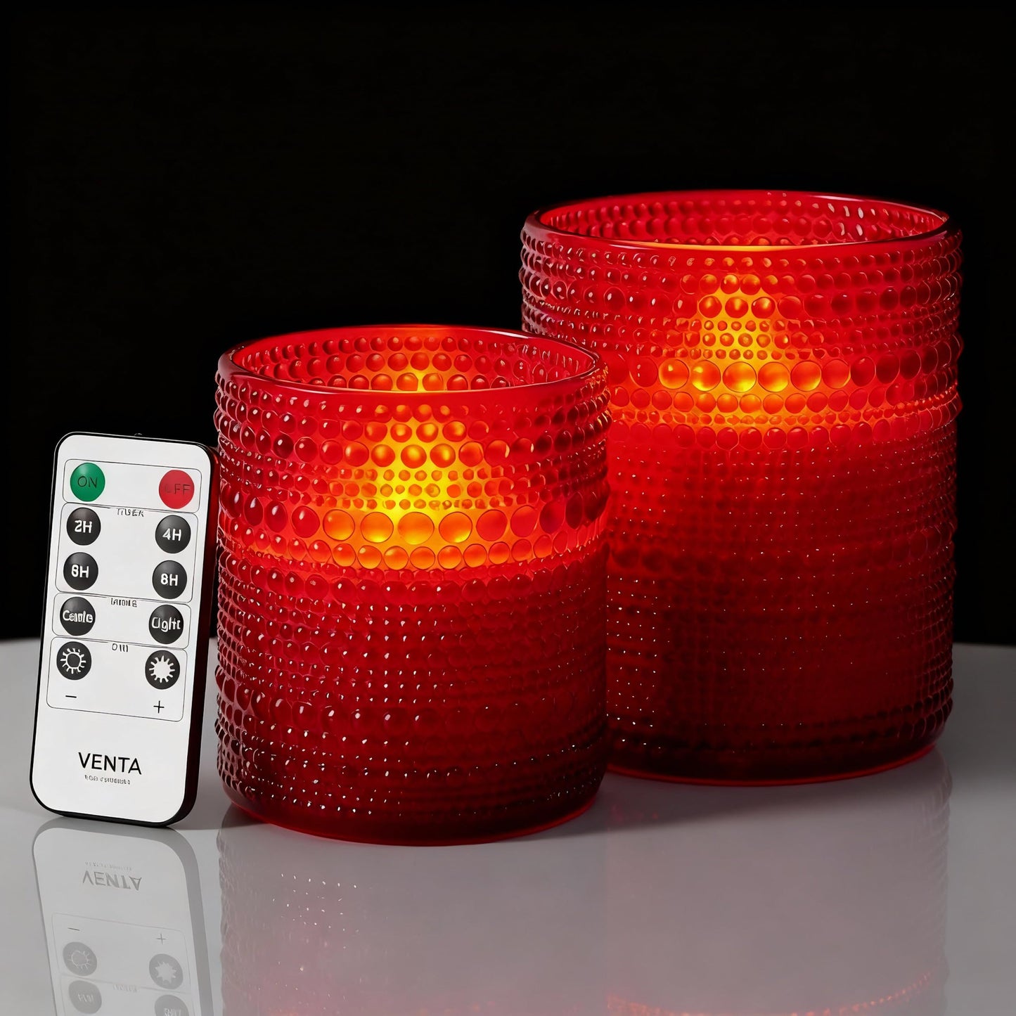 VENTA Set of 2 Red Glass Flameless Candles with Remote | Dimmable Flickering Votives, Ideal for a Romantic Dinner, Anniversaries, and Home Ambiance | Decorative Table Lamp