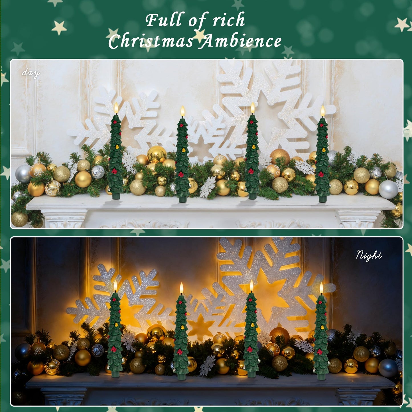 AFINETH Christmas Tree Taper Candles with Remote, 2 Pack Green Flameless Candles Battery Operated, Real Wax 9.6 Inch Flickering Led Tree Candlesticks Decorations for Winter Home Holiday Xmas Gift