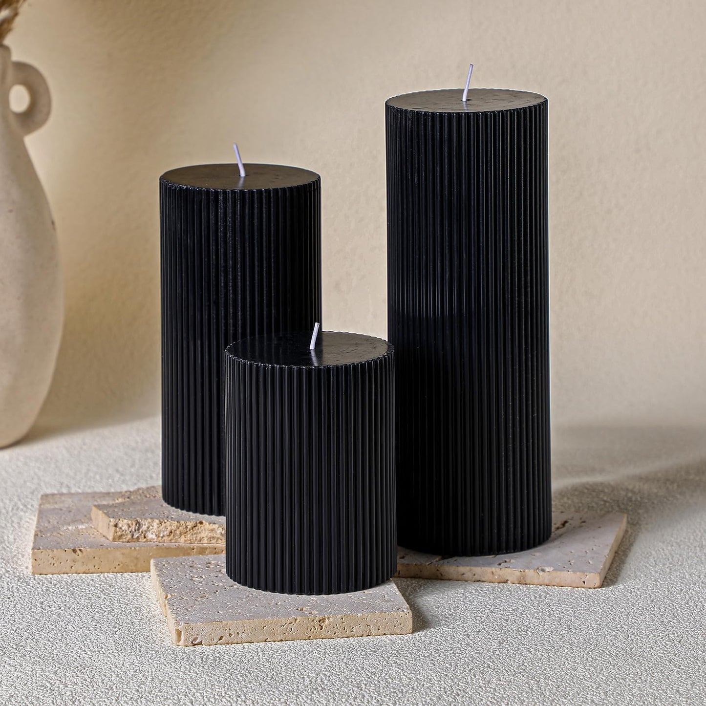 Conelist Ribbed Pillar Candles Set of 3, Width 3" High 4" 6" 8" Large Soy Wax Orchids Scented Pillar Candles Aesthetic Ribbed Modern Home Decor for Bathroom Living Room(Black)