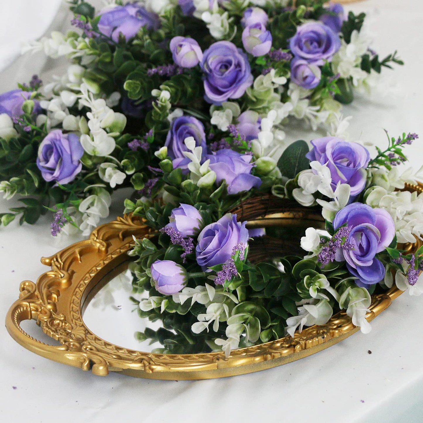 Acmee 4 Pcs Purple Rose Candle Rings - Artificial Floral Wreaths with Eucalyptus Leaves Greenery Flower Wreaths for Pillar Farmhouse Wedding Centerpiece Party Home Decor