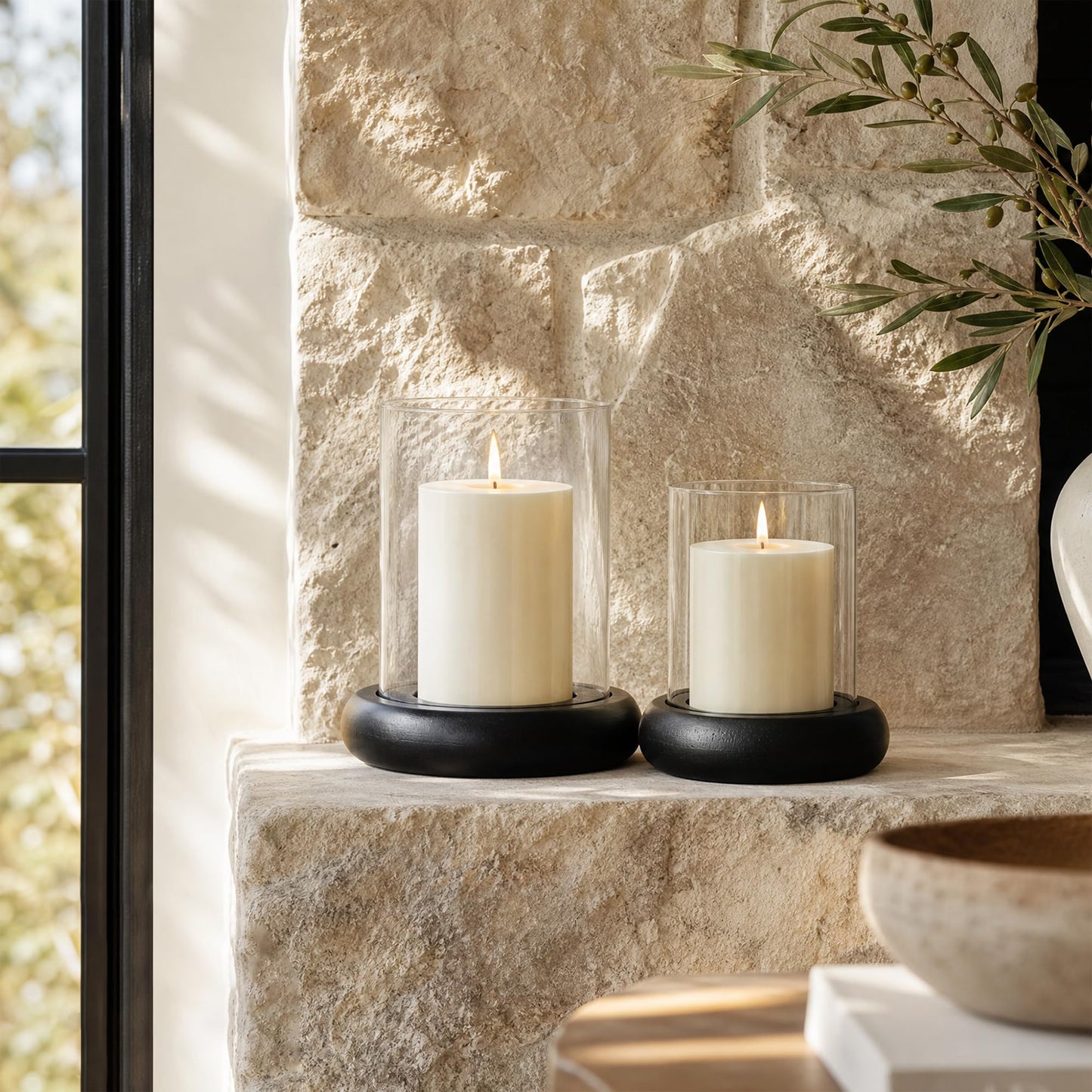 Set of 2 Black Hurricane Candle Holders with Wood Base, Modern Windproof Glass Cylinder Lantern, Farmhouse Pillar Candle Holder Decor for Table Centerpieces, Living Room, Patio & Kitchen Dining