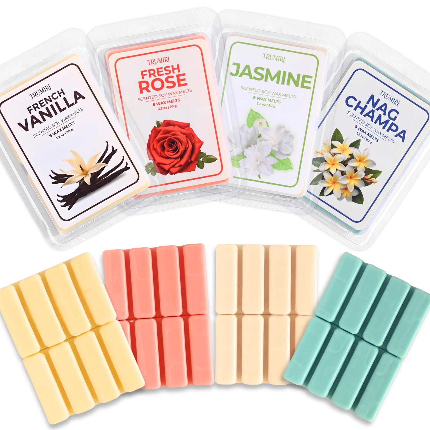 Scented Wax Melts Variety Pack of 4x8ea - Nag Champa|Fresh Rose|French Vanilla|Jasmine - Made with Non Toxic Soy Wax and Essential Oils- Long Lasting Strong Scent Pet Safe Candle Wax Cubes for Warmers