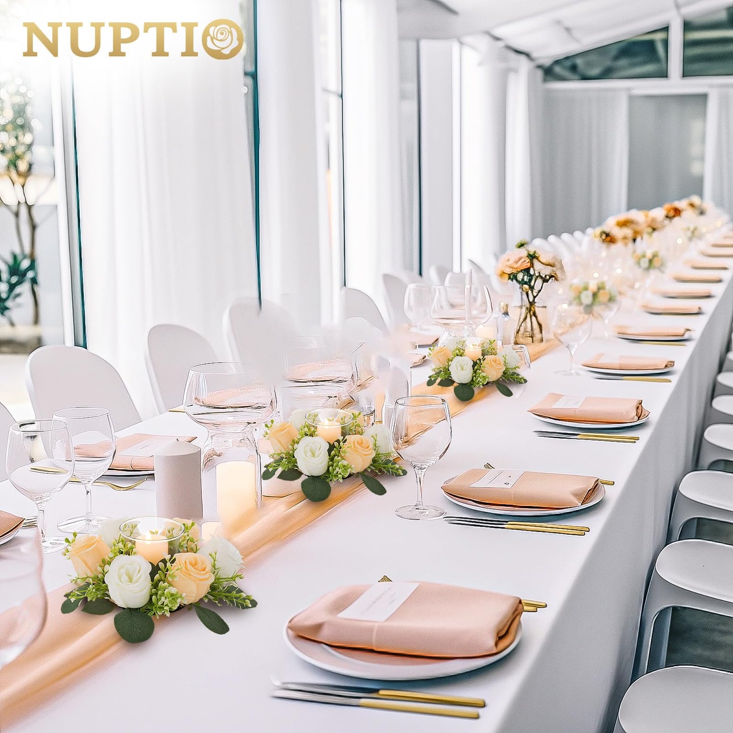 NUPTIO Small Flower Rings for Centerpieces: 9.05 Inch Champagne & White Candle Wreath 10 Pcs for Wedding Party Christmas Table Decorations - Spring Summer Front Door Porch Decor