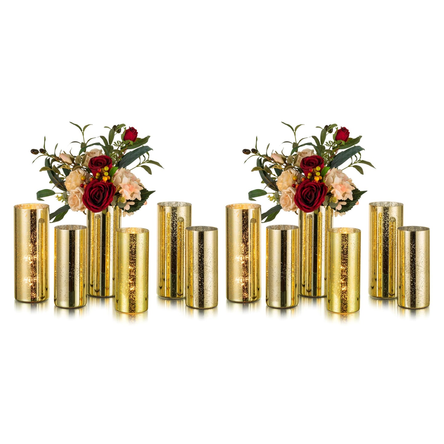 Glasseam Glass Cylinder Gold Candle Holder, Set of 12 Hurricane Candle Holders for Pillar Candles, Modern Mercury Floating Candle Holders for Table Centerpiece Wedding Living Room Home Decor