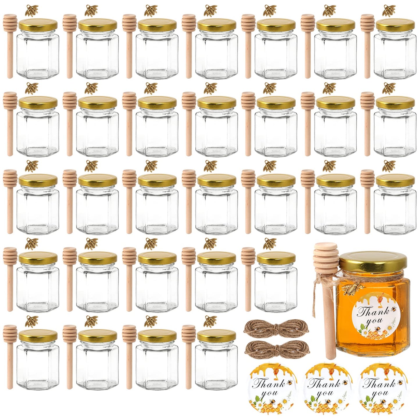 BIGIVACA 3 oz Mini Honey Jars - 30 Pack Hexagon Glass Jars with Wood Dippers, Gold Lids, Bee Pendants, Jutes, Stickers for Wedding Favors, Party Favors, Candle Making