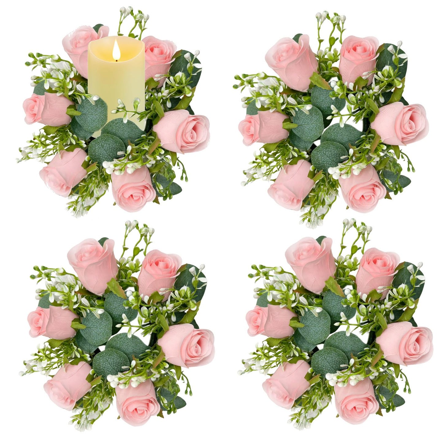 tyoungg Artificial Rose Eucalyptus Pillar Candle Rings Wreath 3 Inch Center Weddding Banquet Reception Table Centerpiece Spring Home Decor (4, Pink)