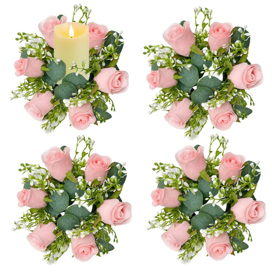 tyoungg Artificial Rose Eucalyptus Pillar Candle Rings Wreath 3 Inch Center Weddding Banquet Reception Table Centerpiece Spring Home Decor (4, Pink)