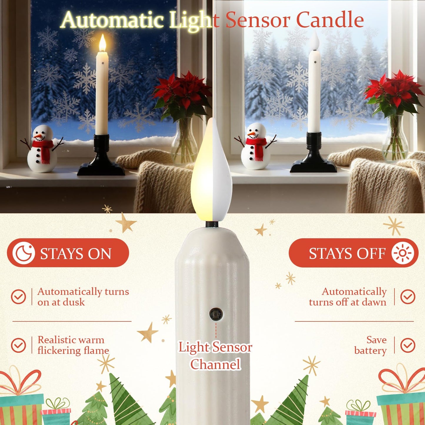 Yungyan 12 Set 8.8 Inch Christmas Window Candles with Sensor Dusk to Dawn Bulk Battery Operated Window Lights with Suction Cups and Holders Flameless LED Taper Candles for Xmas Home Decor(Roman Style)