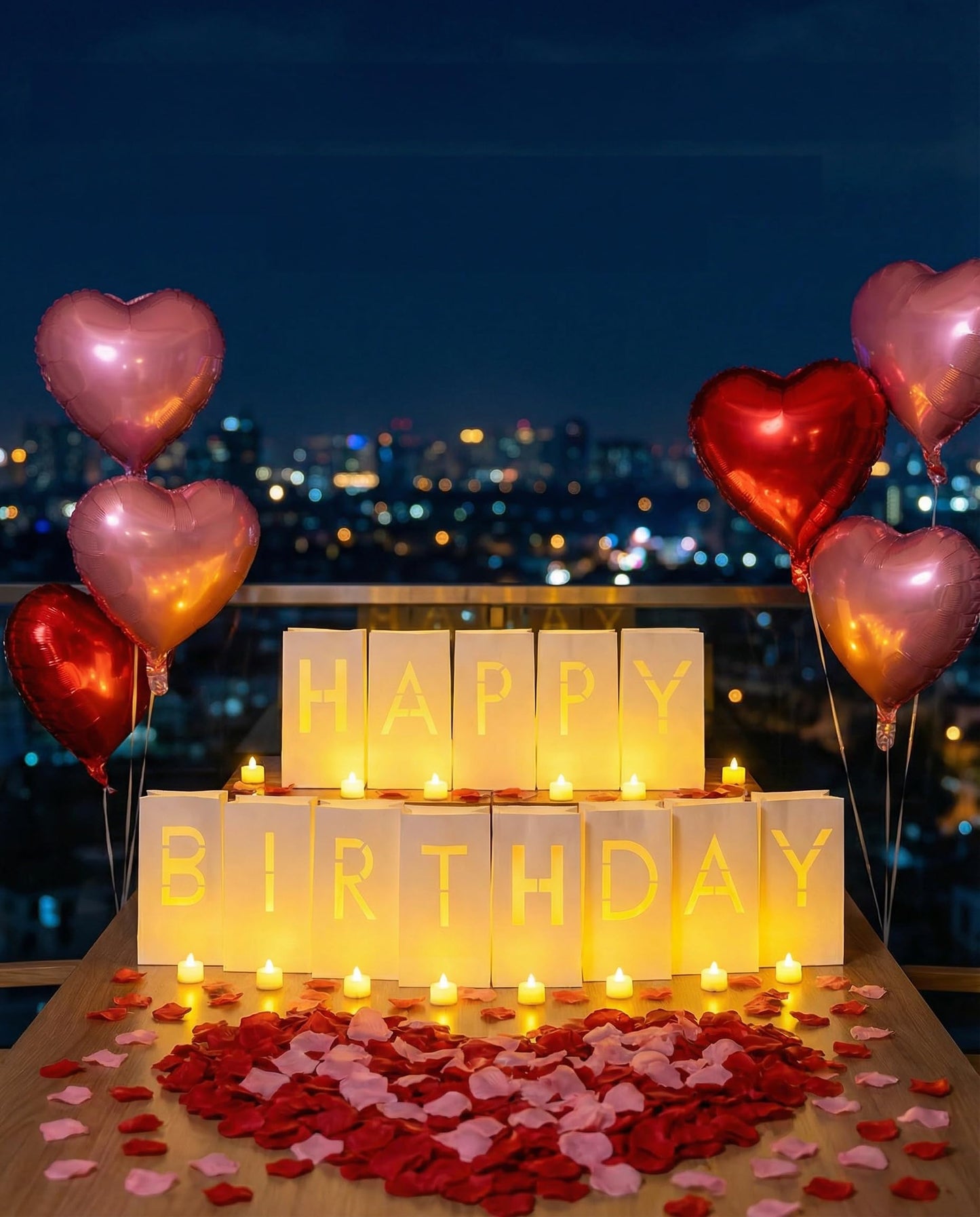 JZLiner Happy Birthday Light Up Sign Include Fake Rose Petals Led Tea Light Candles Balloons Set Room Decor for Women and Men