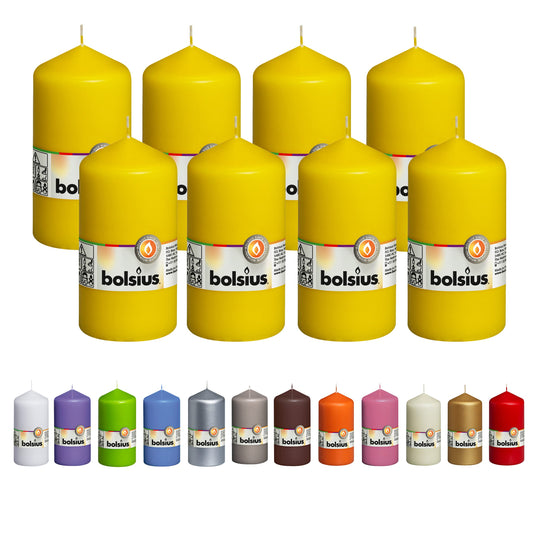 BOLSIUS 8 Yellow Pillar Candles - 2.75 x 5 Inches - Premium European Quality - Individually Wrapped - 43 Hours Burn Time - Dripless & Smokeless - Unscented Dinner, Wedding, Party, & Restaurant Candles