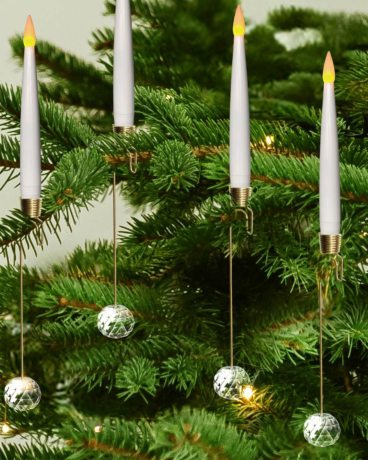 Knoste Christmas Tree Candles-Wand Remote-Crystal Ball Hooks-Suction Cups, 10 Pcs Battery Operated Window Candles, Flickering Warm Light, Xmas Home Ornaments, Wedding Party Decorations