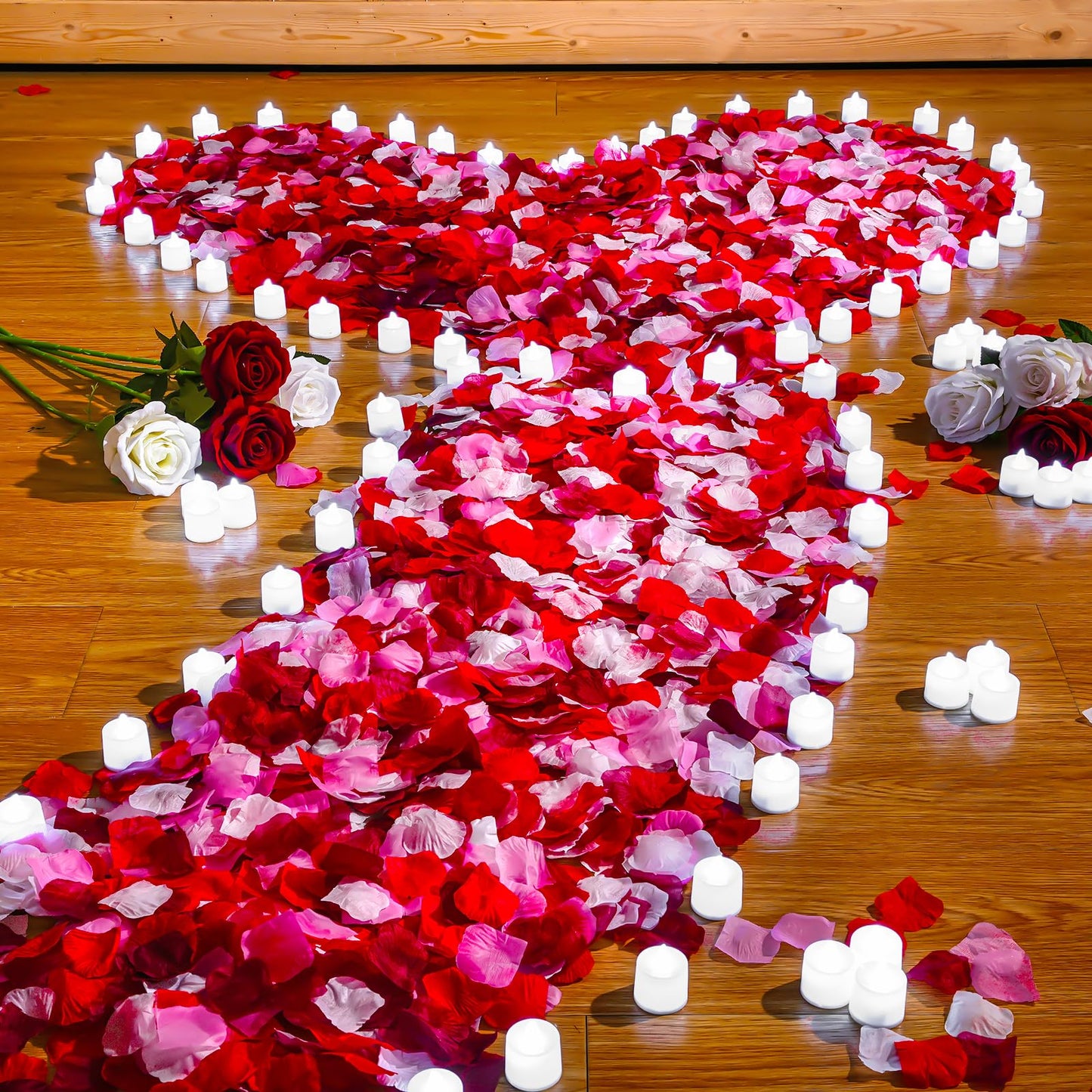 Coume 6000 Pcs Artificial Rose Petals with 72 Pcs Flameless LED Candles Romantic Decorations Fake Candles Anniversary Decorations for Valentine's Day Wedding Night(White with Red Series Petal)