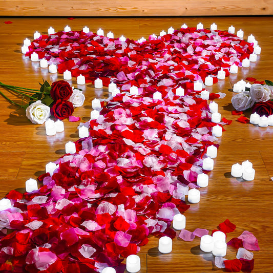 Coume 6000 Pcs Artificial Rose Petals with 72 Pcs Flameless LED Candles Romantic Decorations Fake Candles Anniversary Decorations for Valentine's Day Wedding Night(White with Red Series Petal)