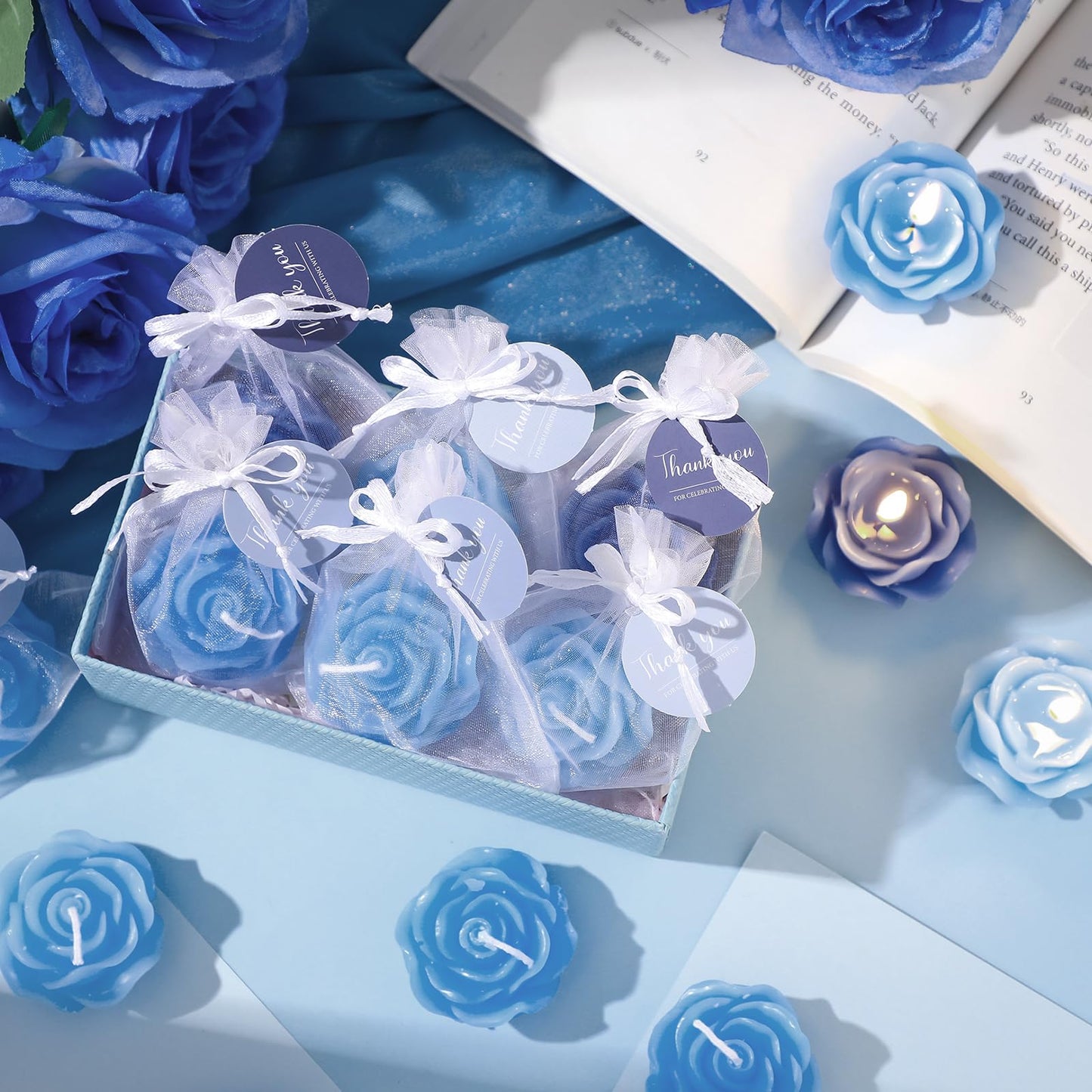 Treela 24 Set Flower Candles Wedding Favor for Guests Mini Blue Rose Shaped Tealight Candles for Return Gift Wedding Birthday Bridal Shower Housewarming Party