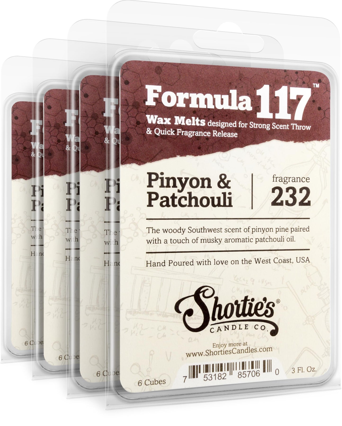 Shortie's Candle Company Pinyon & Patchouli Premium Wax Melts 4 Pack - 12 Oz., Strong & Long Lasting, Non-Toxic - Made with Essential & Natural Oils - Formula 117