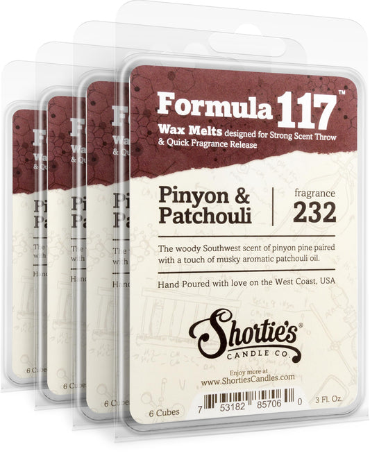 Shortie's Candle Company Pinyon & Patchouli Premium Wax Melts 4 Pack - 12 Oz., Strong & Long Lasting, Non-Toxic - Made with Essential & Natural Oils - Formula 117