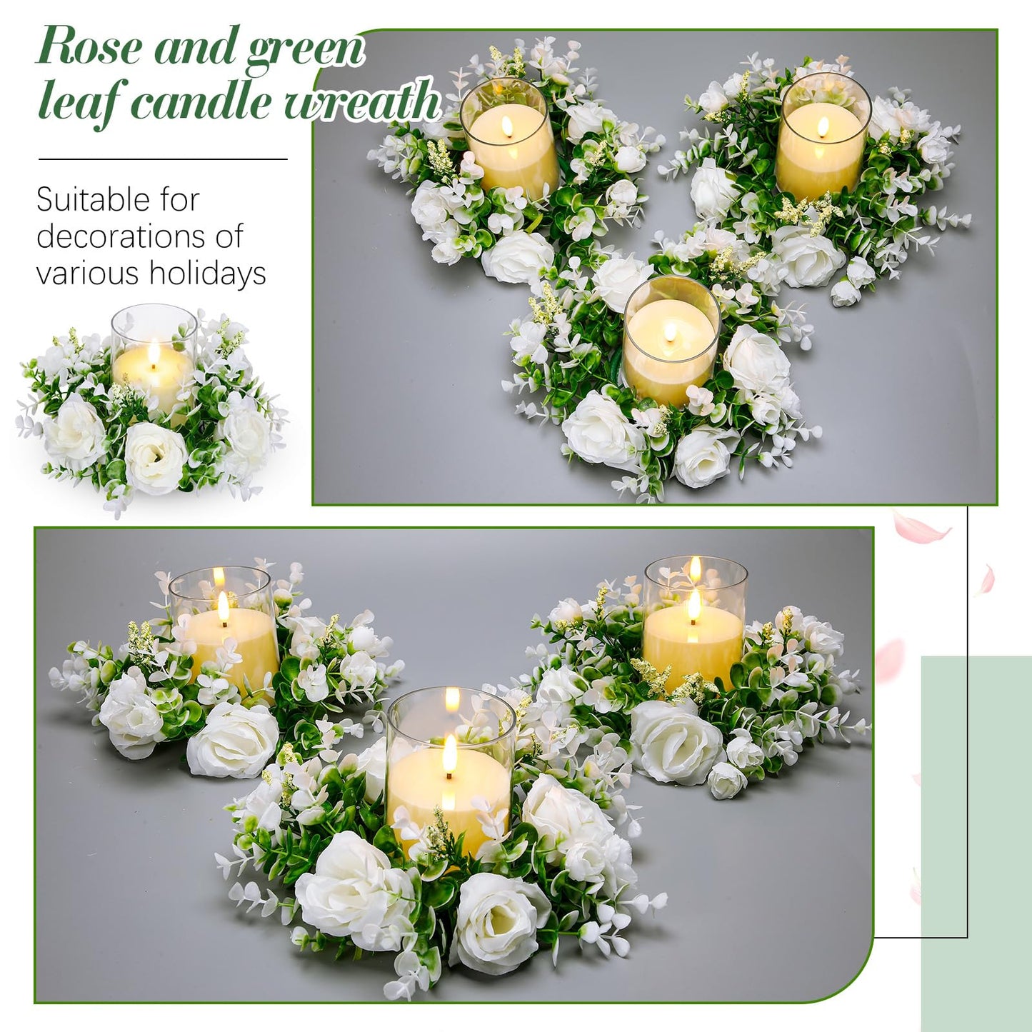 Yunlly 4 Pcs White Rose Candle Wreaths Rings Roses and Green Leaves Candle Holder Rings with LED Flameless Candles, 9.5" Wide for Wedding Windows Table Centerpieces
